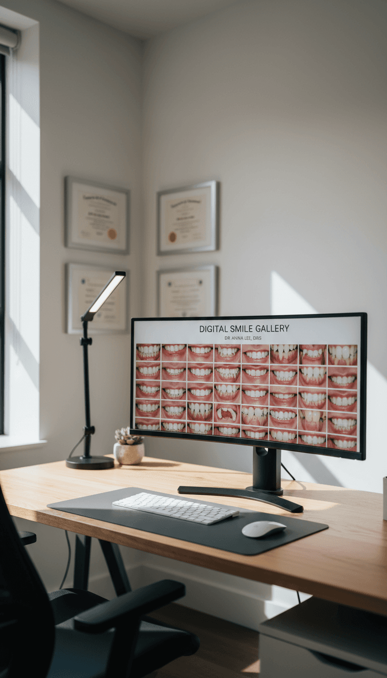 Dental professional's workspace with organized digital image repository on screen