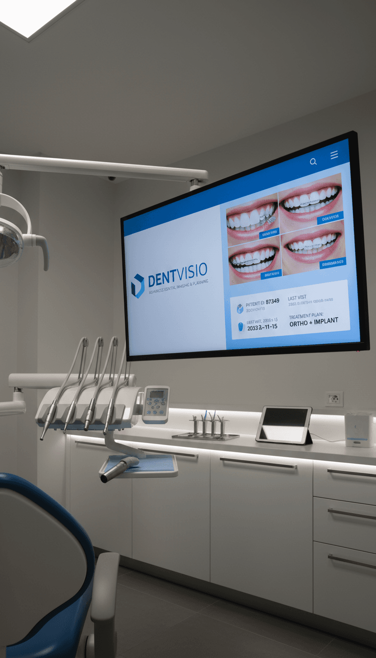 Professional dental workspace with a monitor displaying the DentVisio platform