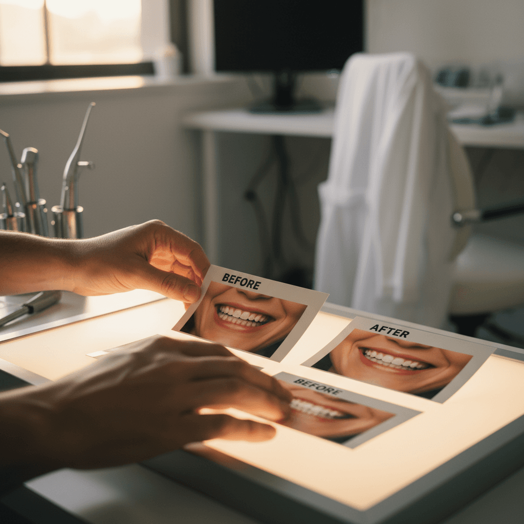 Dental professional organizing clinical before-and-after photographs