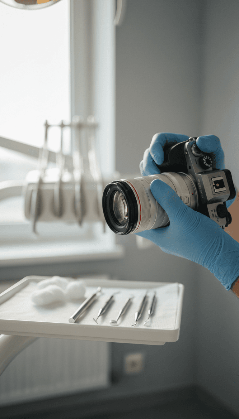 Dental professional documenting clinical work with precision camera positioning