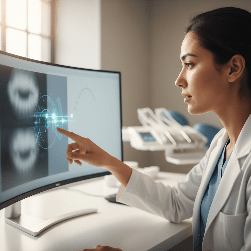 Dental professional reviewing case images on screen