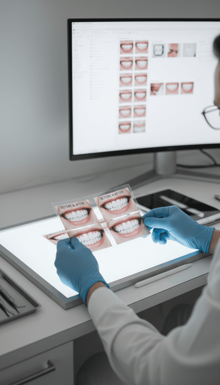 Dentist reviewing organized before-and-after clinical images